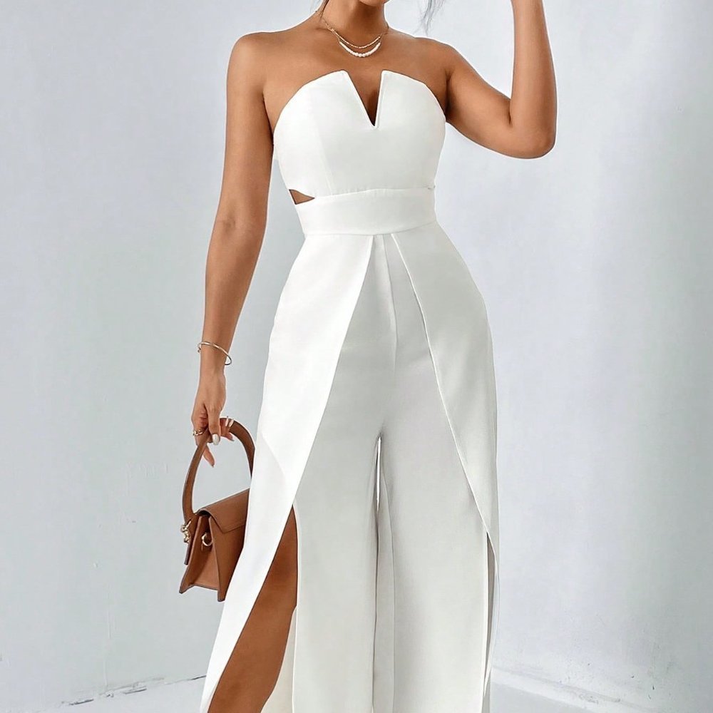 White Preppy Womens Split Thigh Tube Jumpsuit - Picture 5 of 5